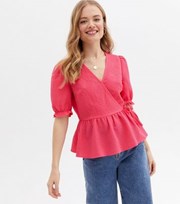 New Look Bright Pink Textured V Neck Peplum Wrap Blouse